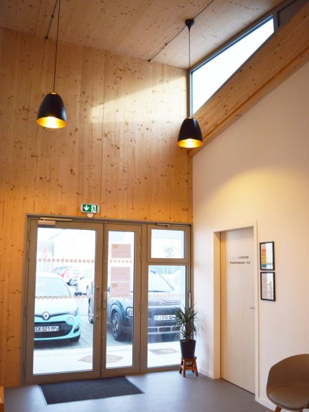 Hall d'entrée lumineux avec murs en bois massif, plafond cathédrale, porte vitrée triple et luminaires suspendus