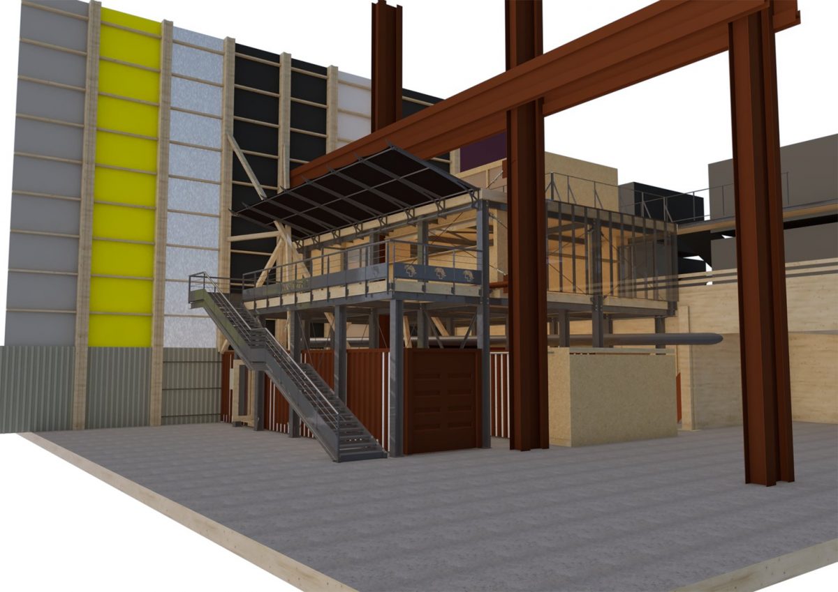 Maquette 3D d'un bâtiment industriel avec structure en acier, poutres en bois, passerelle métallique et panneaux de façade colorés