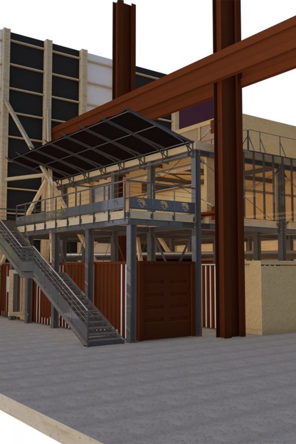 Maquette 3D d'un bâtiment industriel avec structure en acier, poutres en bois, passerelle métallique et panneaux de façade colorés