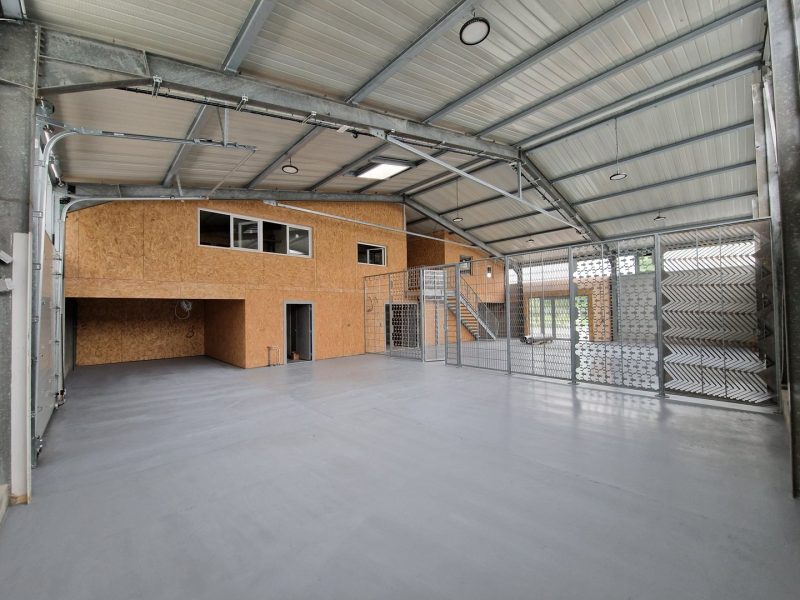Intérieur d'un hangar industriel avec structure métallique, mezzanine en bois OSB et sol béton ciré gris