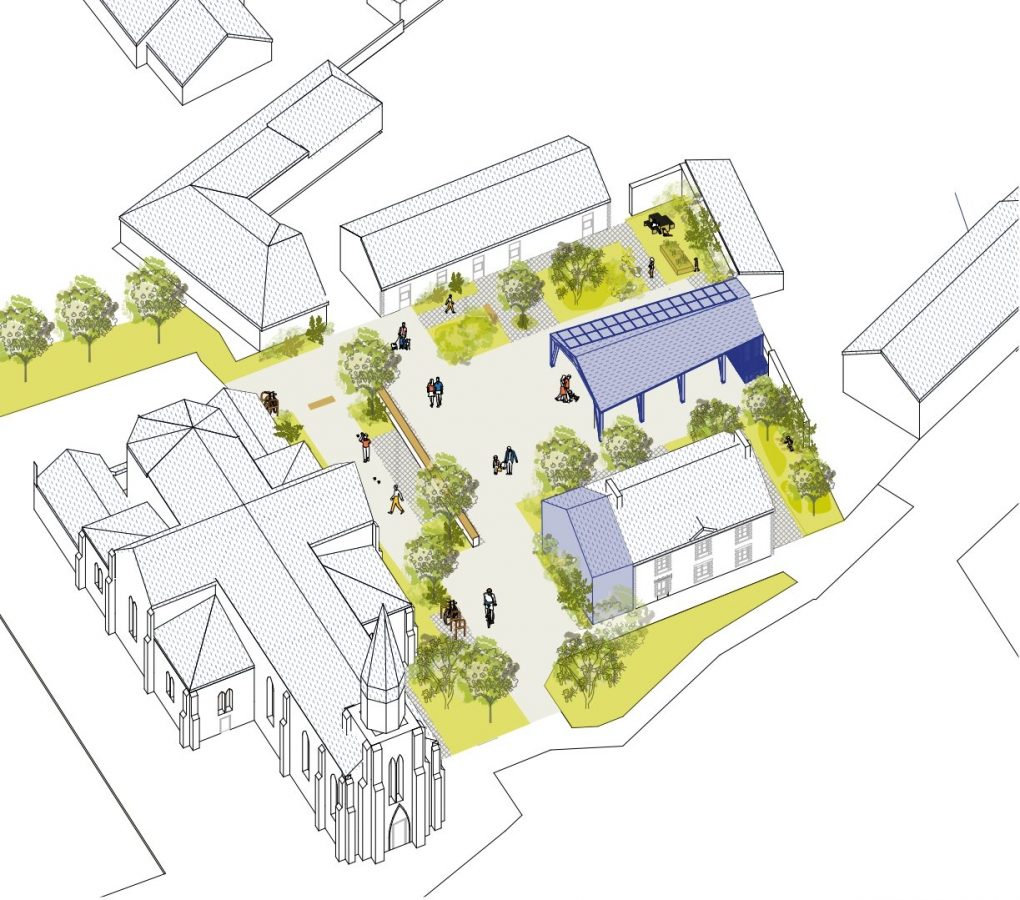 Vue axonométrique d'une place de village avec église, bâtiments en pierre, structure contemporaine bleue et espaces verts