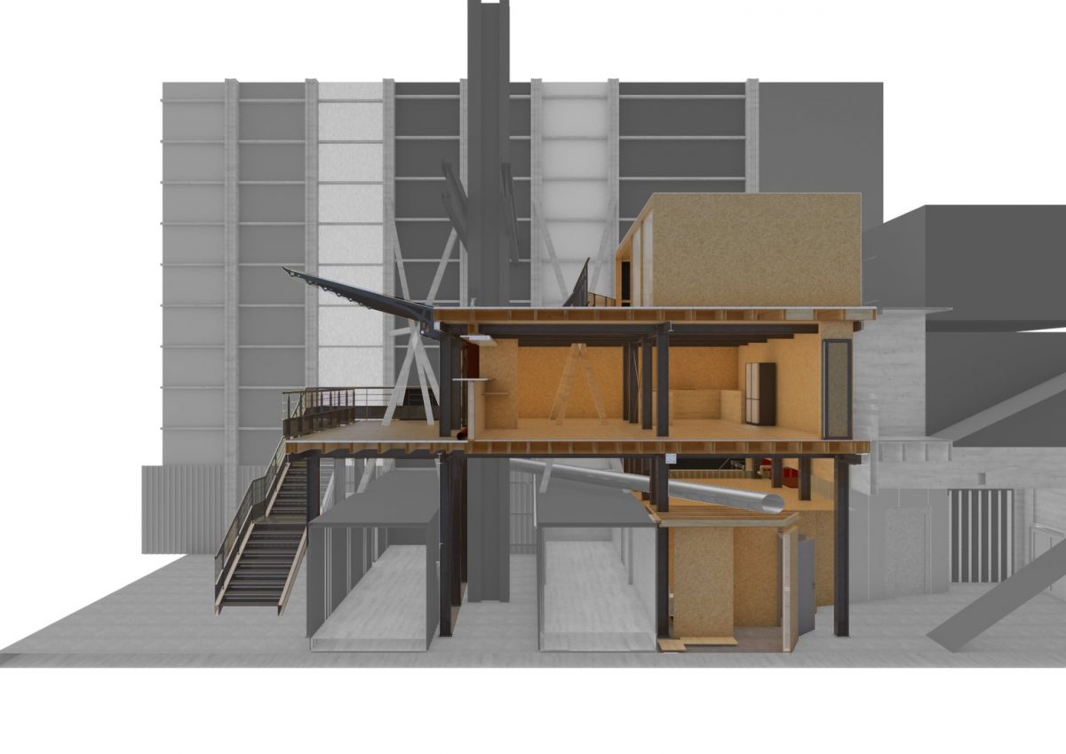 Coupe architecturale d'un bâtiment industriel montrant une structure bois à plusieurs niveaux intégrée dans un hangar