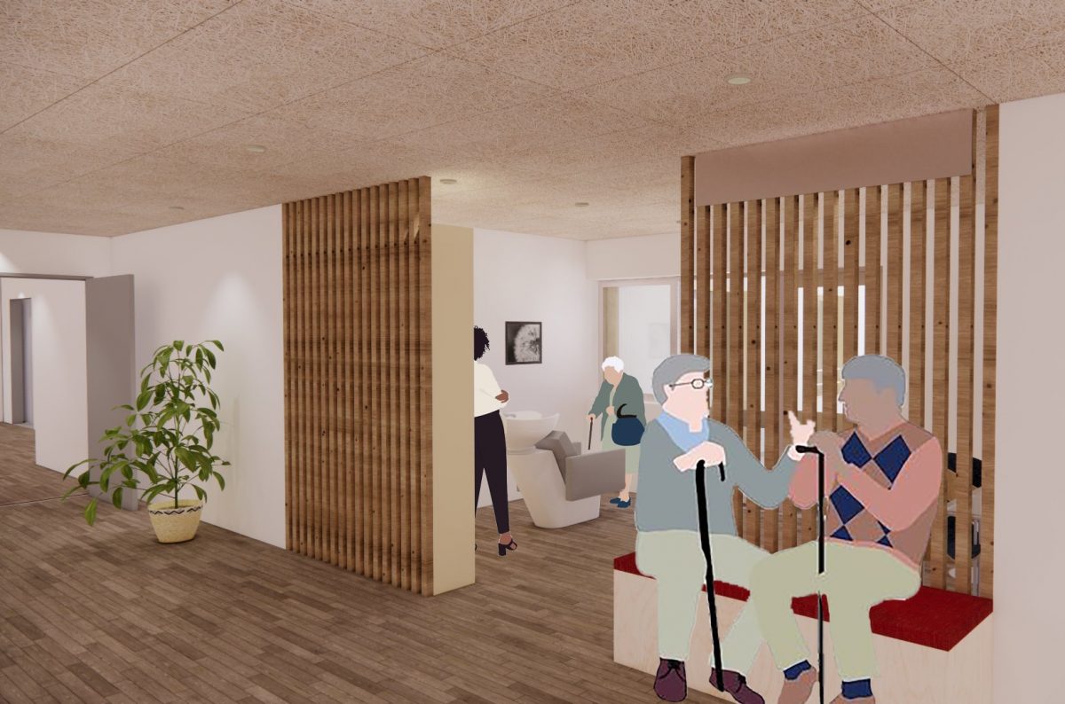 Espace commun d'établissement de santé avec cloisons bois ajourées, plafond acoustique et résidents illustrés