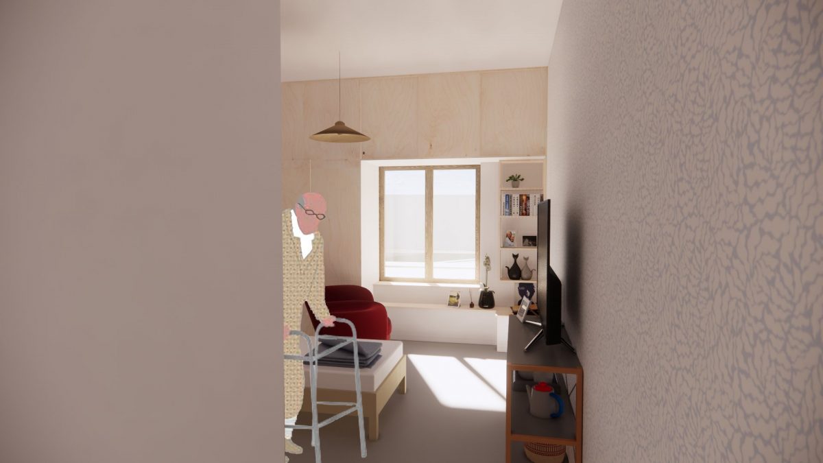 Chambre minimaliste aux tons beiges avec fenêtre encadrée, bureau intégré, fauteuil rouge et étagères murales blanches