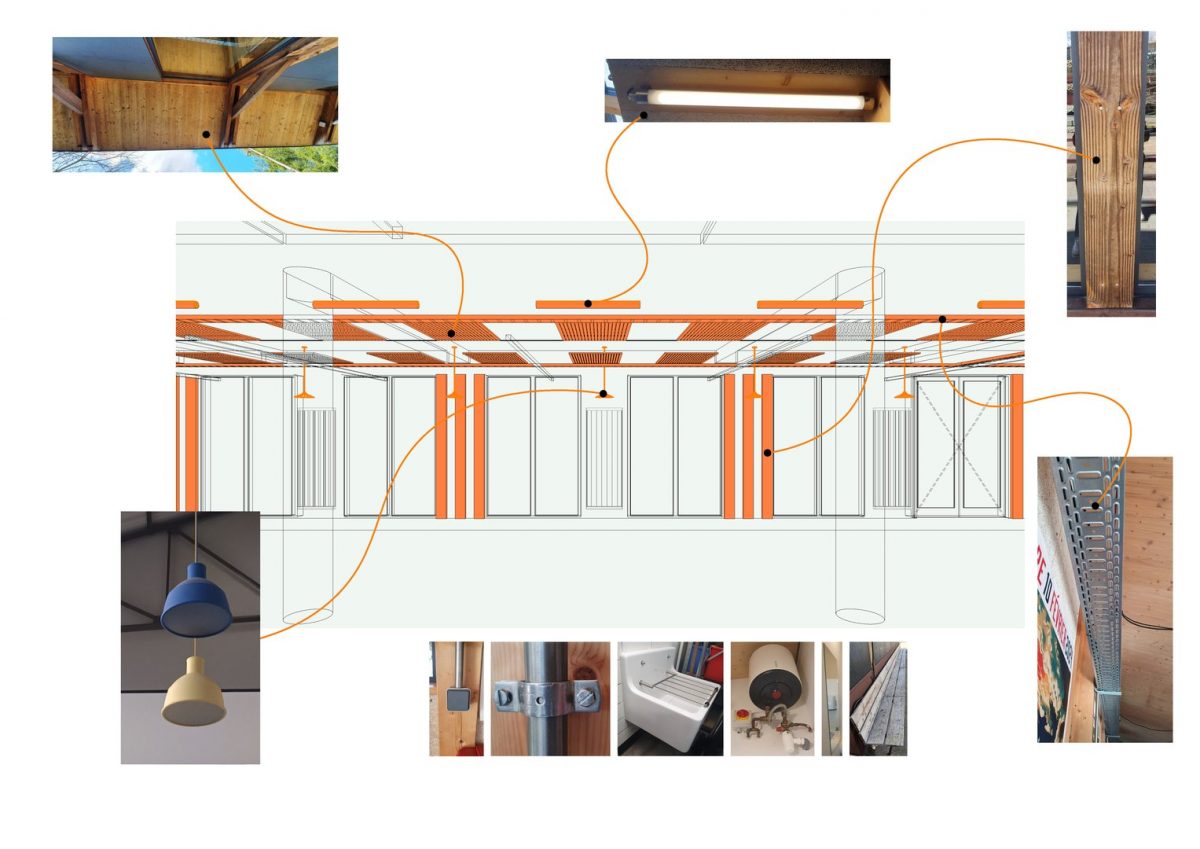 Élévation intérieure montrant structure en bois apparente orange avec détails constructifs et luminaires suspendus
