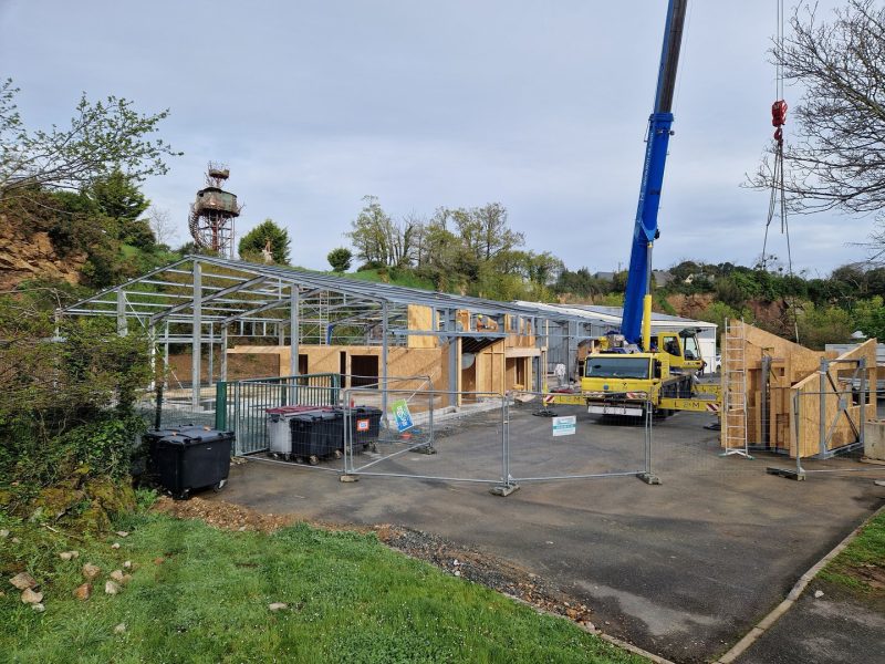 Construction d'une structure en acier et bois avec ossature métallique, panneaux OSB et grue de chantier en zone rurale