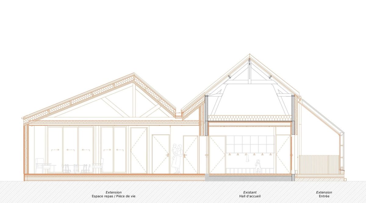 Coupe architecturale montrant hall d'accueil existant et extensions avec charpentes apparentes, détails constructifs bois