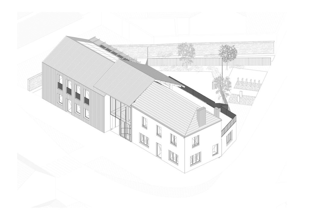 Vue axonométrique d'une rénovation avec extension contemporaine à bardage métallique et toiture en tuiles, avec jardin arboré