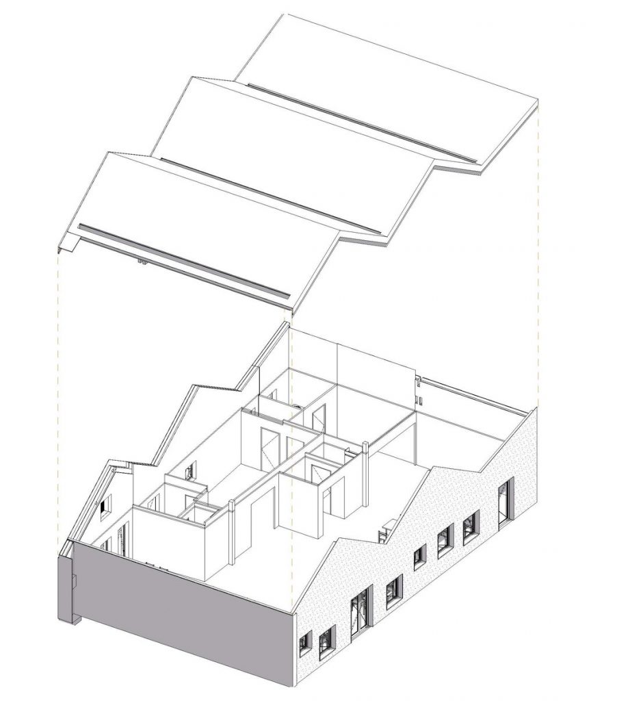 Vue éclatée axonométrique d'un bâtiment résidentiel montrant la structure intérieure et trois niveaux de planchers
