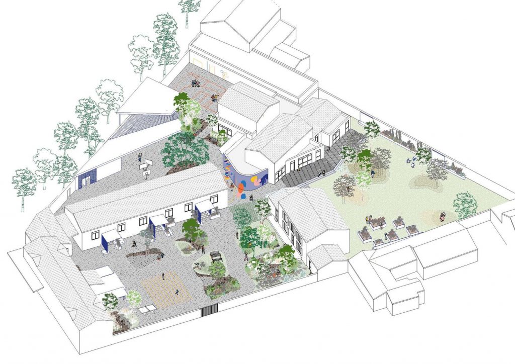 Vue axonométrique d'un ensemble architectural avec bâtiments blancs, toitures grises, espaces paysagers et végétation