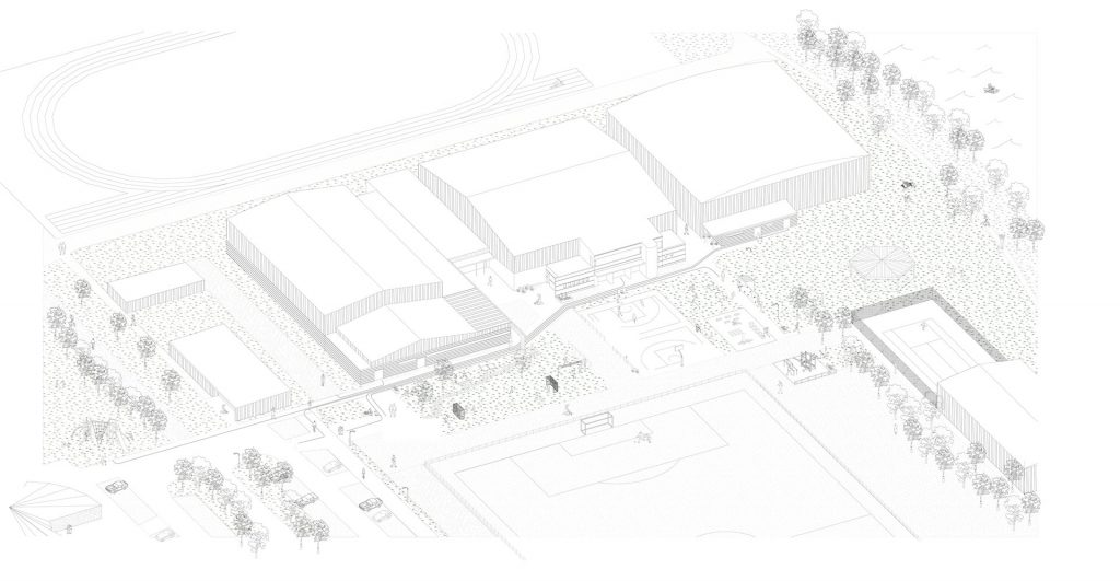 Axonométrie d'un ensemble architectural avec plusieurs bâtiments industriels à toits plats, piste, espaces verts et arbres