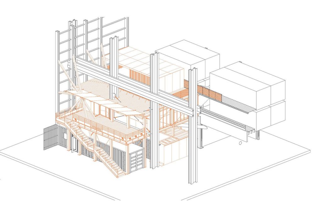 Axonométrie éclatée montrant structure bois apparente, volumes blancs et escalier dans une construction à ossature